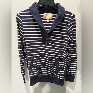 Banana Republic Navy and White Striped V-Neck Sweater